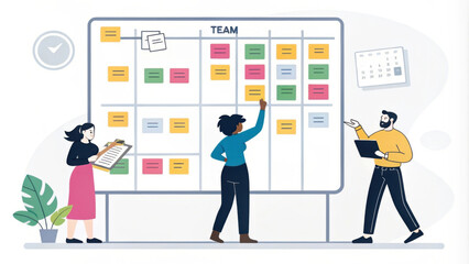 Fototapeta premium Team members organizing tasks on digital board