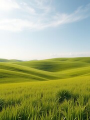 Fototapeta premium Rolling hills of lush green grass in a countryside meadow, scenic view, countryside views, outdoor scenery
