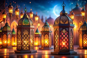 Obraz premium Stunning Architectural Photography of Colorful Arabic Lanterns Against a Vibrant Background for Ramadan Celebration, Capturing the Spirit of Festivity and Cultural Heritage