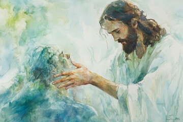 Jesus healing a sick person, placing his hands over the afflicted. The watercolor uses light greens, blues, and soft whites to create an atmosphere of restoration, mercy, and divine love.