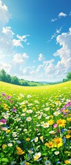 Fototapeta premium A vibrant green meadow with a variety of wildflowers swaying gently in the breeze, fresh cut grass, sunny day, seasonal blooms