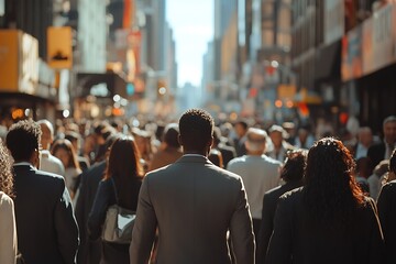 Fototapeta premium Diverse City Street Crowd Man in Grey Suit, Afternoon Light