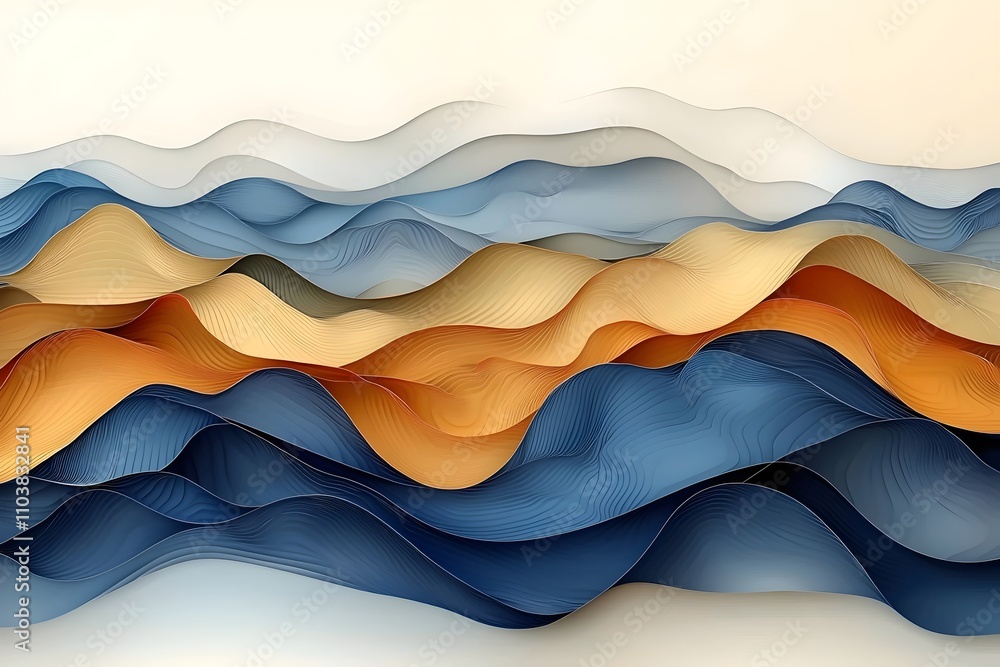 Poster an abstract composition of flowing waves in shades of blue, orange, and gold, creating a serene and 