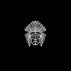 Minimalist line art portrait of a Native American chief wearing a headdress.