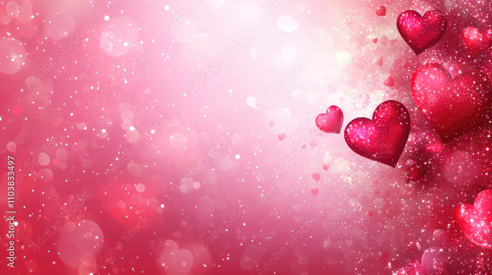 Poster abstract valentine background with floating hearts and shimmering sparkles in red tones.