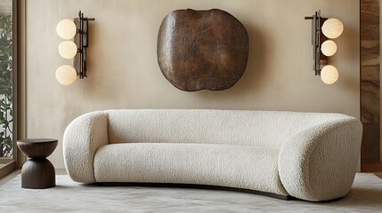 Modern Living Room Decor Featuring Curved Sofa and Wall Art