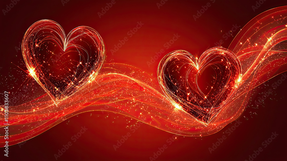 Poster abstract valentine background with floating hearts and shimmering sparkles in red tones.