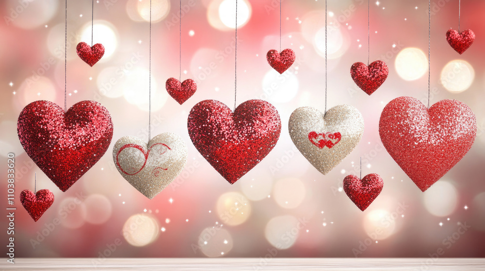 Poster abstract valentine background with floating hearts and shimmering sparkles in red tones.