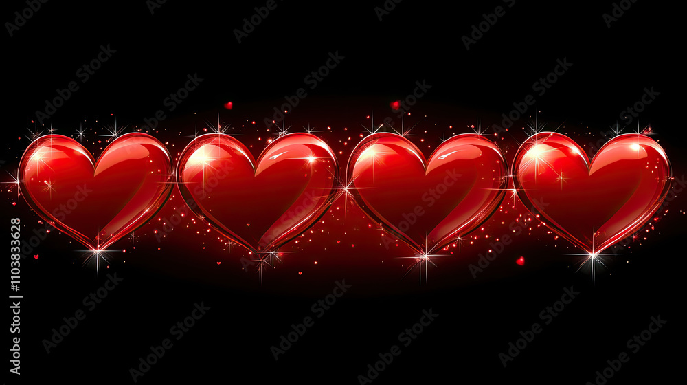 Poster abstract valentine background with floating hearts and shimmering sparkles in red tones.