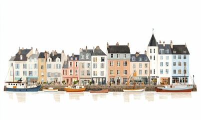 Obraz premium Quaint waterfront town, colorful buildings, boats moored.