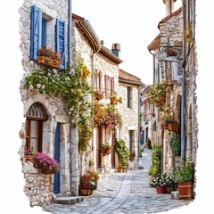 Fototapeta premium Flower-filled stone street, charming old buildings.