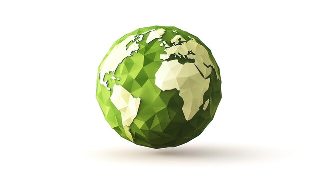 A green, low-poly globe with a white outline of the continents, isolated on a white background.