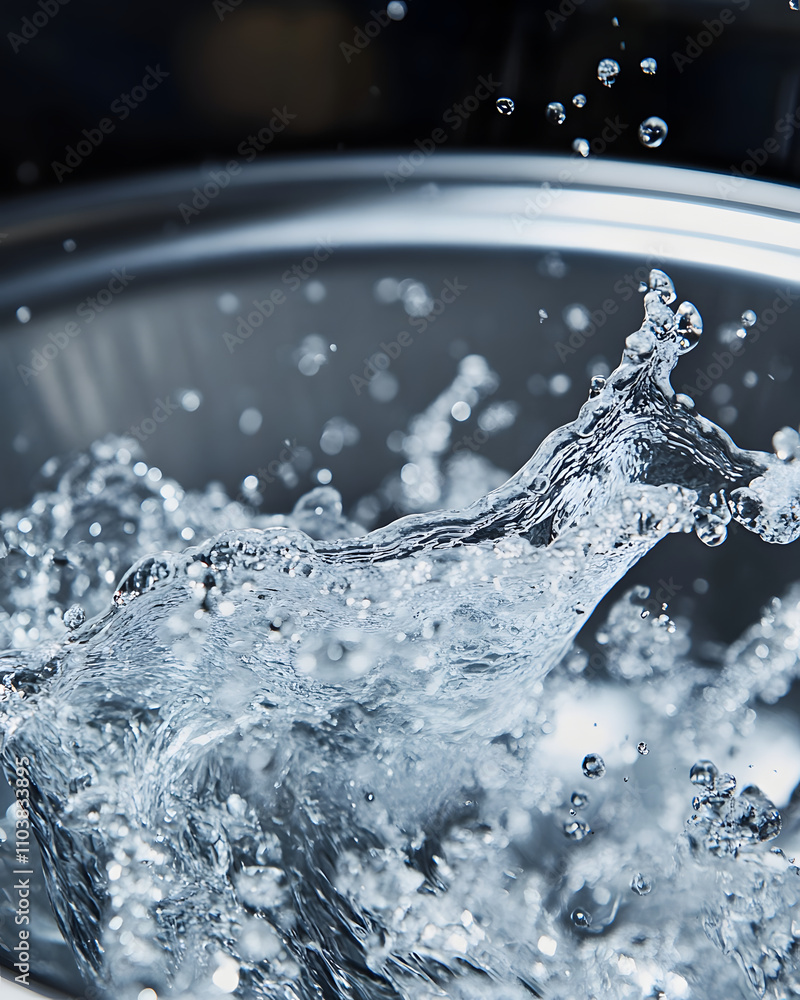 Poster close-up of water splashing in a metallic bowl, showcasing fluid dynamics and motion.