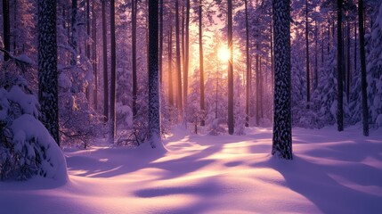 Beautiful snow-covered forest at sunset, purple sky, beautiful landscape