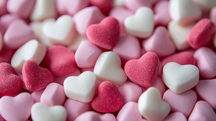 Background filled with soft pink and red hearts, ideal for Valentine's Day.