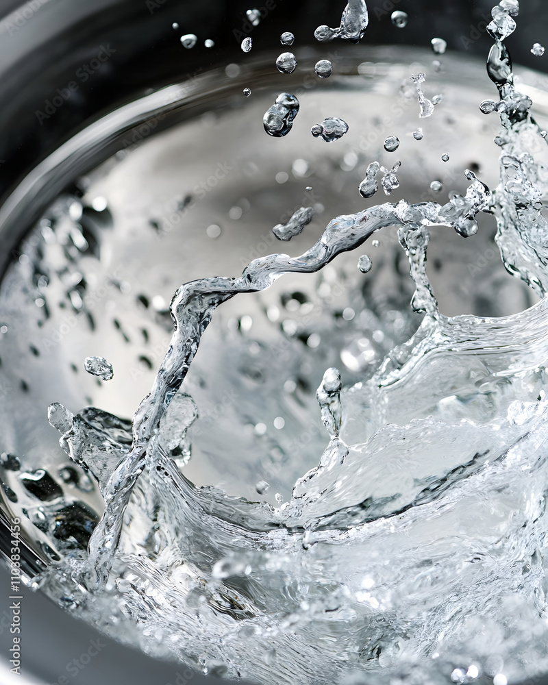 Poster close-up of water splashing in a metallic surface, showcasing fluid dynamics.