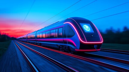 Naklejka premium At sunrise, a high-speed train decorated with glistening digital designs races along the tracks, highlighting the blend of technology and contemporary travel in a peaceful environment.