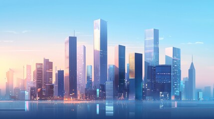 Fototapeta premium Minimalist modern city skyline, tall glass skyscrapers, soft blue sky, reflective surfaces, calm and clean aesthetic, soft lighting 