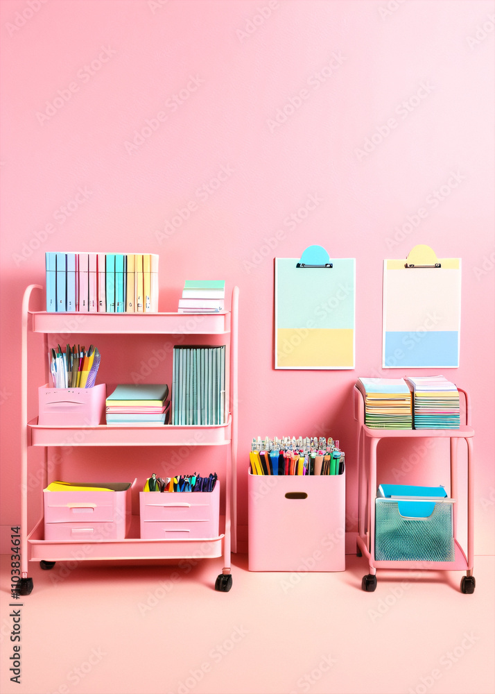 Poster Walk into a prepared classroom with a visually appealing display of stationery and educational materials on a pastel pink background.