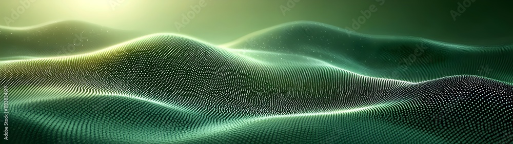 Poster a mesmerizing abstract landscape featuring rolling hills of shimmering particles in shades of green 