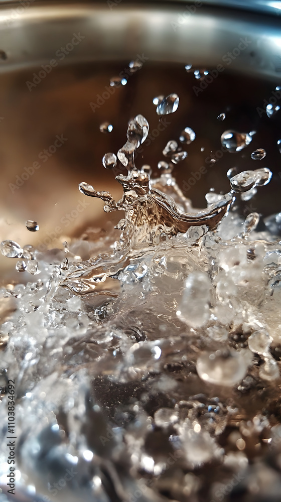 Aufkleber close-up of water splashing in a metallic surface, capturing dynamic motion and fluidity.