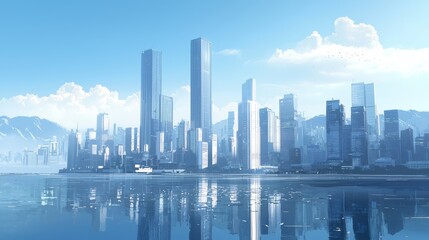 Obraz premium Minimalist modern city skyline, tall glass skyscrapers, soft blue sky, reflective surfaces, calm and clean aesthetic, soft lighting 