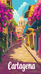 A colorful, flat vector-style poster of Cartagena, Colombia. Highlight the walled city with its vibrant colonial buildings, cobblestone streets, and bougainvillea flowers. 