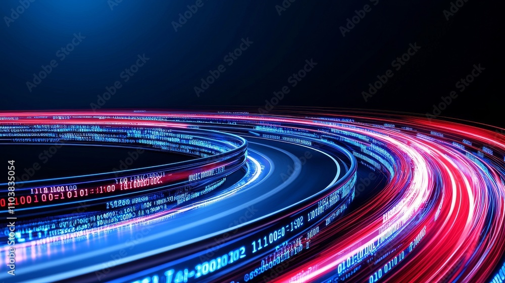 Poster digital data streams along the road, symbolizing global cyber communication and coding, with a graph