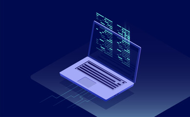 Software development and programming with program code on a laptop screen, featuring big data processing and computing in an isometric design