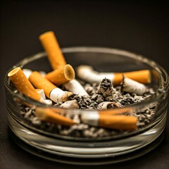 A glass ashtray filled with numerous cigarette butts and ashes generate keywords separated by comma