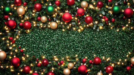 Fototapeta premium Christmas background with glittering garlands, red and green baubles, and glowing lights, creating a magical and colorful holiday atmosphere