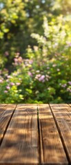 Basic wooden table with blurry plants in the garden, basic, blurry, plants, garden, natural