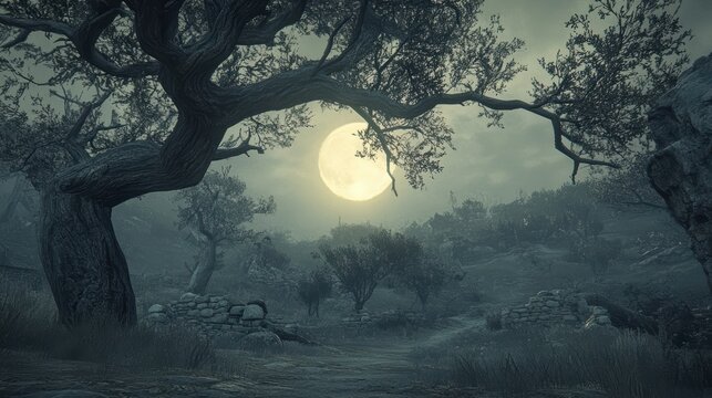Moonlit grove, gnarled trees, ruins, path. - Powered by Adobe