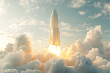 Fototapeta premium A rocket launching through clouds, symbolizing exploration and technology.