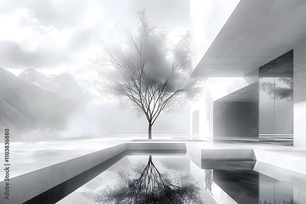 Poster a serene scene featuring a solitary tree beside a reflective pool, set against minimalist architectu