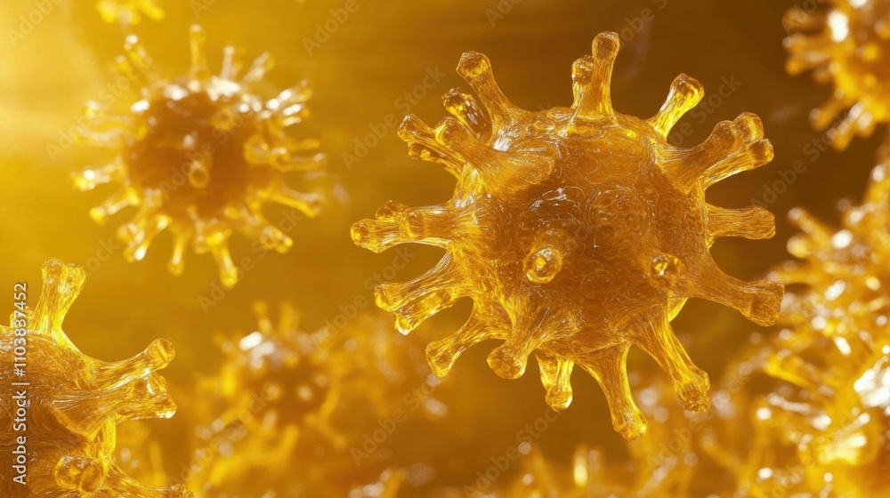 Poster yellow microbial cells in motion under bright light, showcasing intricate structures, surface textur
