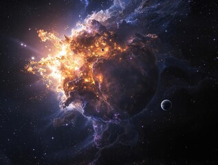Obraz premium A stunning shot of a supernova exploding in the distance, casting an ethereal glow over a nearby planet, light, astronomy, explosion, galaxy