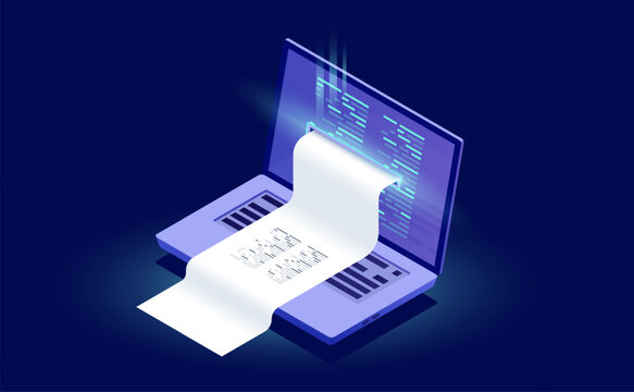 Electron bill Icon, biing system online payment, finance report concept, program code, laptop icon, isometric vector