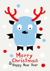 Christmas deer with red antlers. Merry Christmas and Happy New Year greeting card and posters in Trendy Colors. Winter holiday vector illustration.