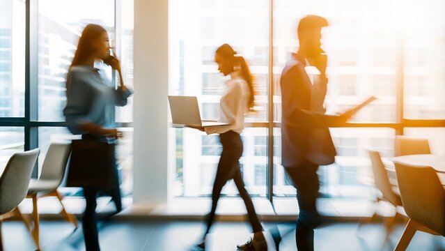 Dynamic Business Blur – Busy professionals in a modern workplace captured in motion.	
 - Powered by Adobe