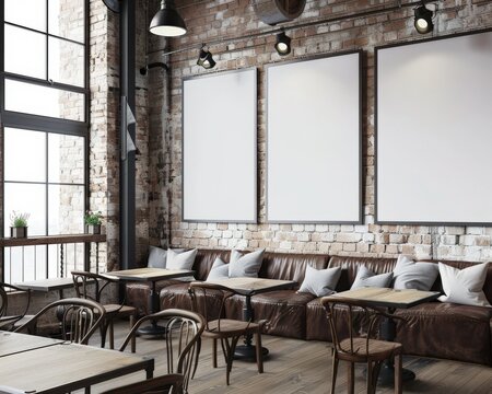 Modern cafe interior with three blank posters on a brick wall. wooden tables and chairs. and brown leather booths