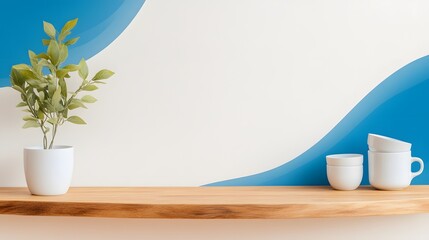 Simple kitchen design with open shelving, a wooden island, soft lighting, and functional kitchenware in warm earthy tones for a cozy yet modern feel