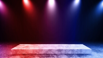 Blue and red room concrete floor. Stone podium for products placement