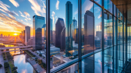 A modern city skyline features skyscrapers and office buildings at sunset, symbolizing corporate real estate in urban development.