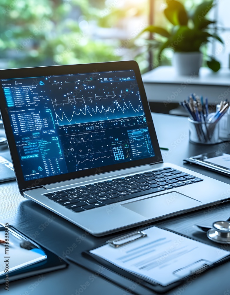 Poster a laptop displaying data analytics on a modern workspace table.