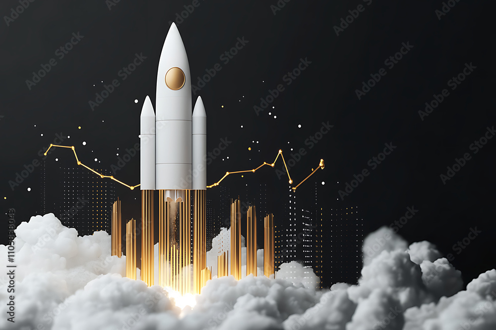 Poster a rocket launching through clouds with a digital graph in the background.