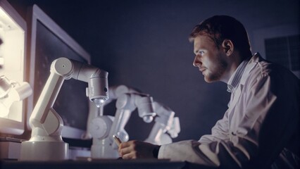 Technician fine-tuning robotic control module in laboratory high-tech environment close-up viewpoint for innovative automation