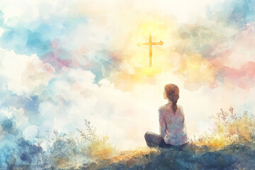 In this digital watercolor scene, a young woman kneels in prayer, looking up at a glowing cross in the sky. The soft blending of colors and gentle light reflect the peacefulness of her devotion, with