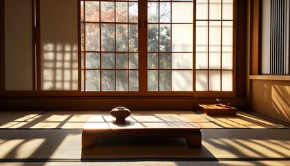 Sunlit Japanese Room With Low Table And Pot