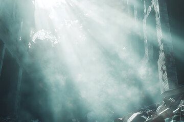 Naklejka premium Ethereal light beams filter through a dilapidated structure, creating a mystic atmosphere.
